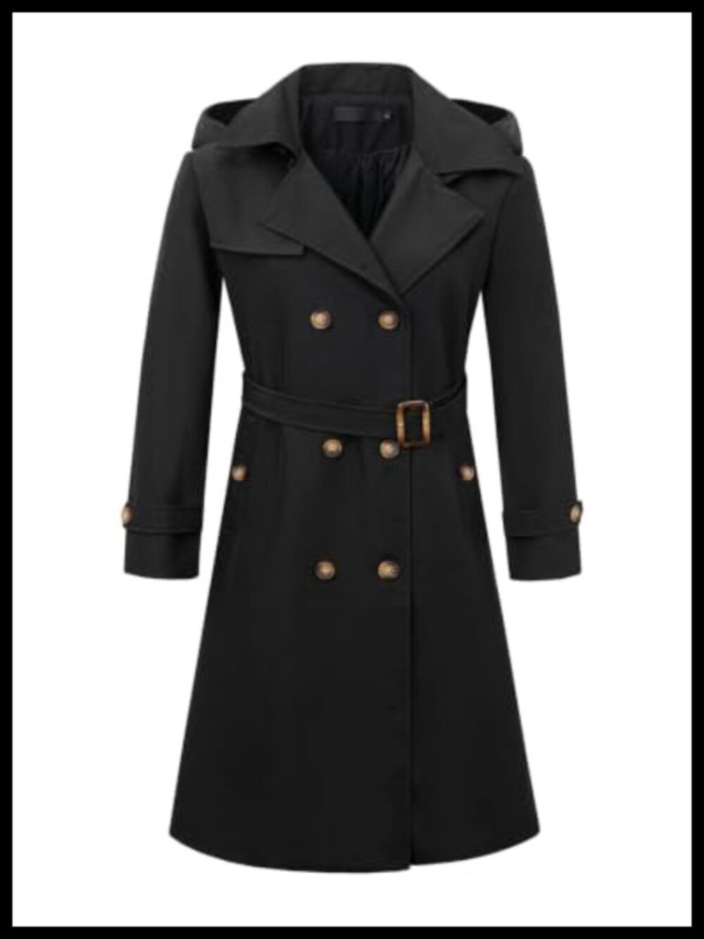 Women's Long Double Breasted Trench Coat with Detachable Hood